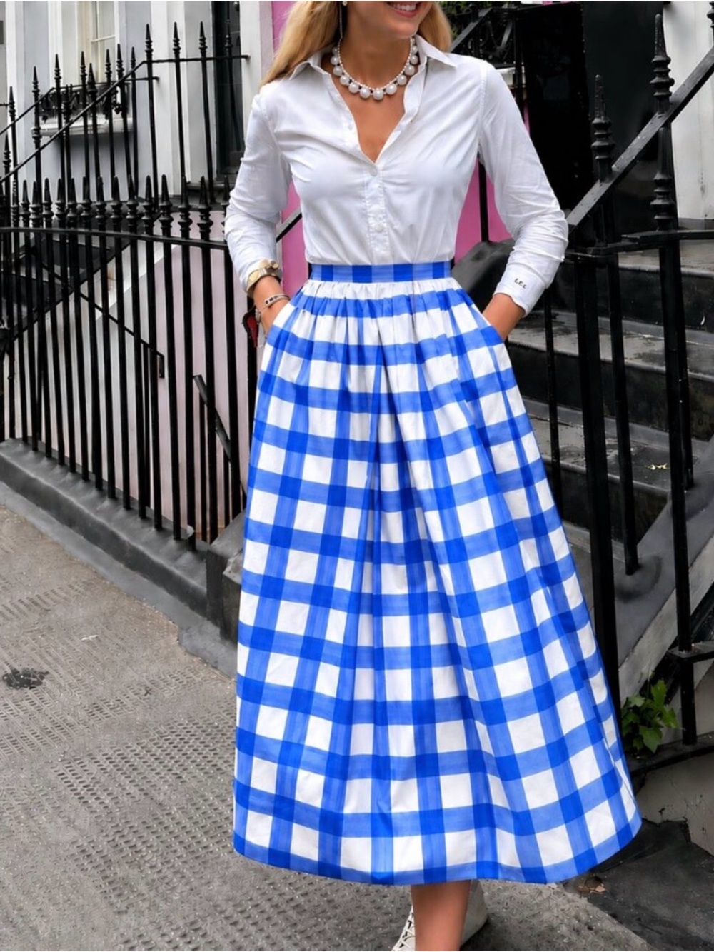 ZARA Pleated Cotton Mid-Waist Checkered Midi Skirt Sz S